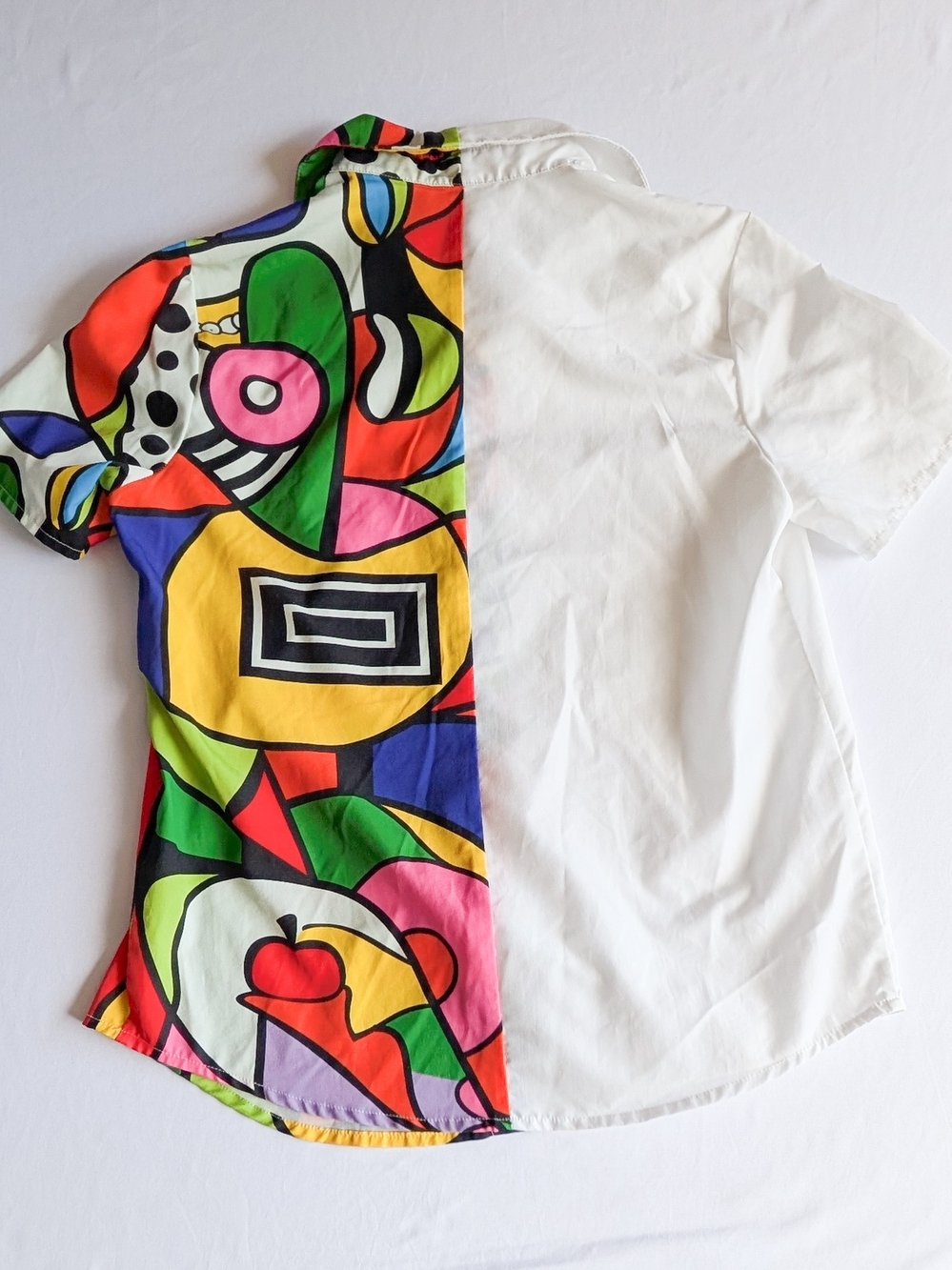 Colorful Pop Art Geometric Pattern Split Short Sleeve Collared Button-Up Small - Picture 2 of 5